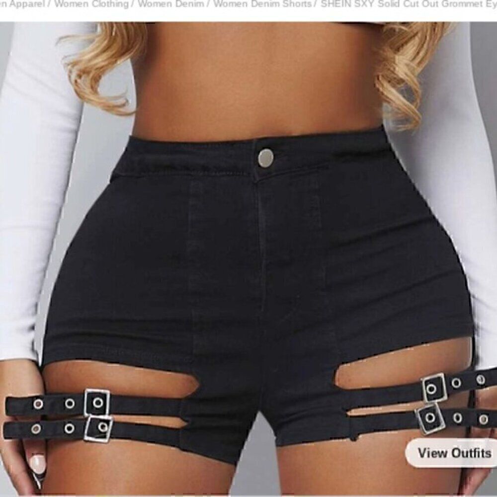 Shein High-waisted  Double Silver Buckle Black Cutout  Retro Shorts 28 - Picture 3 of 3